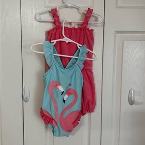 Girls Pink Flamingos and Blue Swimsuit and Jumper Cover up Set 18M